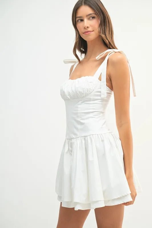 Mable - White Ruched Tie - Strap Mini Dress