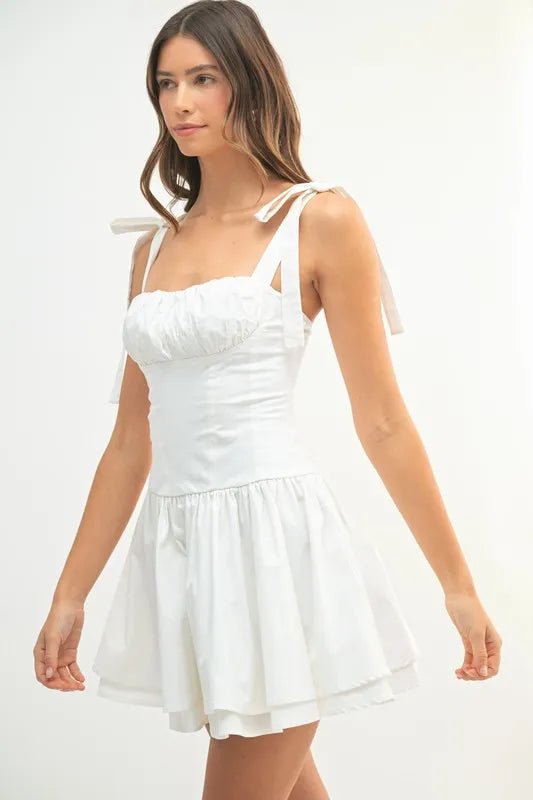 Mable - White Ruched Tie - Strap Mini Dress