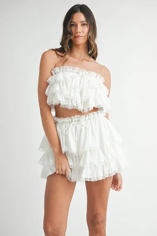 Mable - White Ruffle Lace - Trimmed Crop Top & Mini Skirt Set