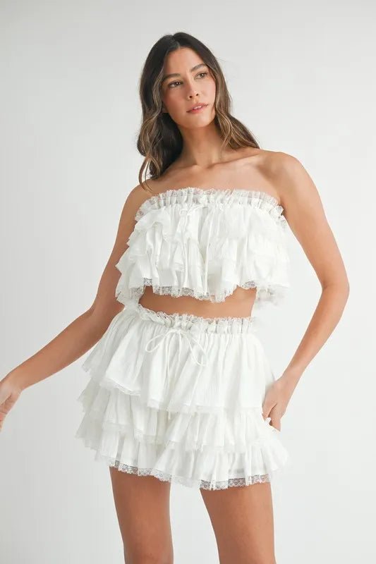 Mable - White Ruffle Lace - Trimmed Crop Top & Mini Skirt Set