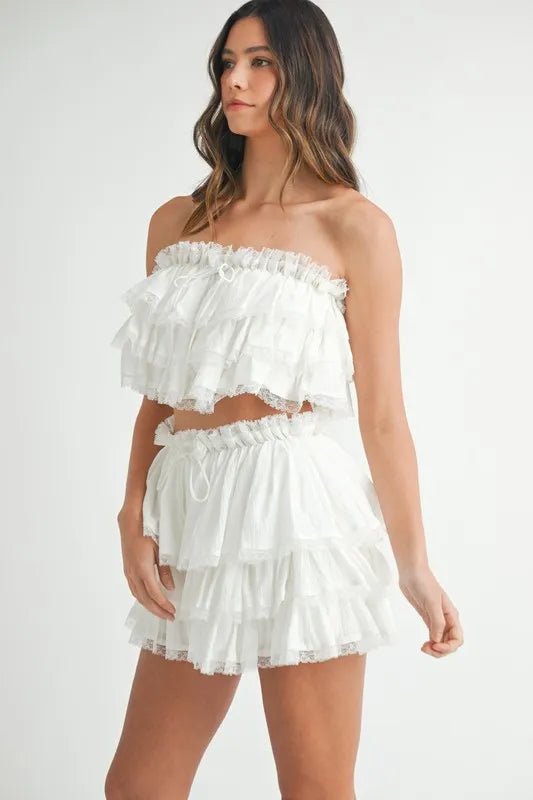 Mable - White Ruffle Lace - Trimmed Crop Top & Mini Skirt Set