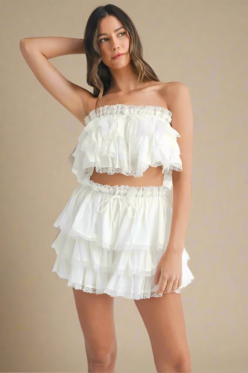 Mable - White Ruffle Lace - Trimmed Crop Top & Mini Skirt Set