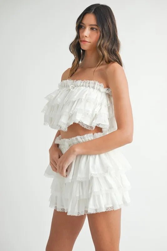 Mable - White Ruffle Lace - Trimmed Crop Top & Mini Skirt Set