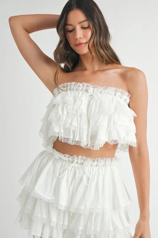Mable - White Ruffle Lace - Trimmed Crop Top & Mini Skirt Set