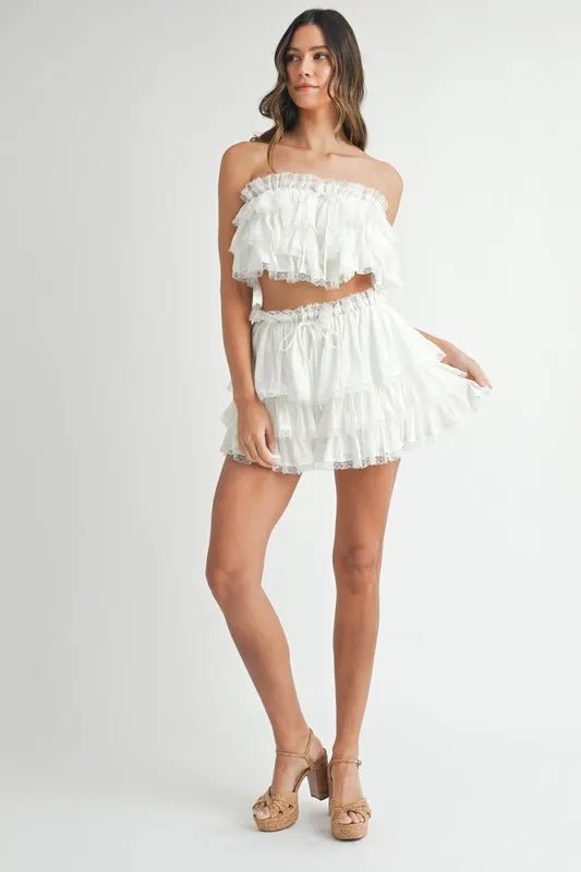 Mable - White Ruffle Lace - Trimmed Crop Top & Mini Skirt Set