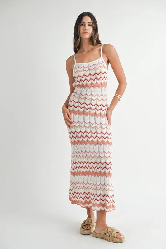 Mable - White & Rust Zigzag Knit Midi Dress