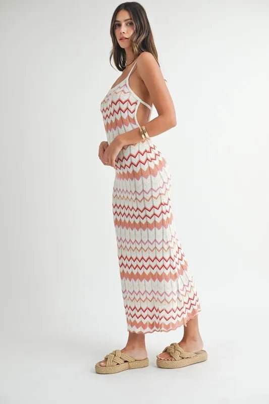 Mable - White & Rust Zigzag Knit Midi Dress
