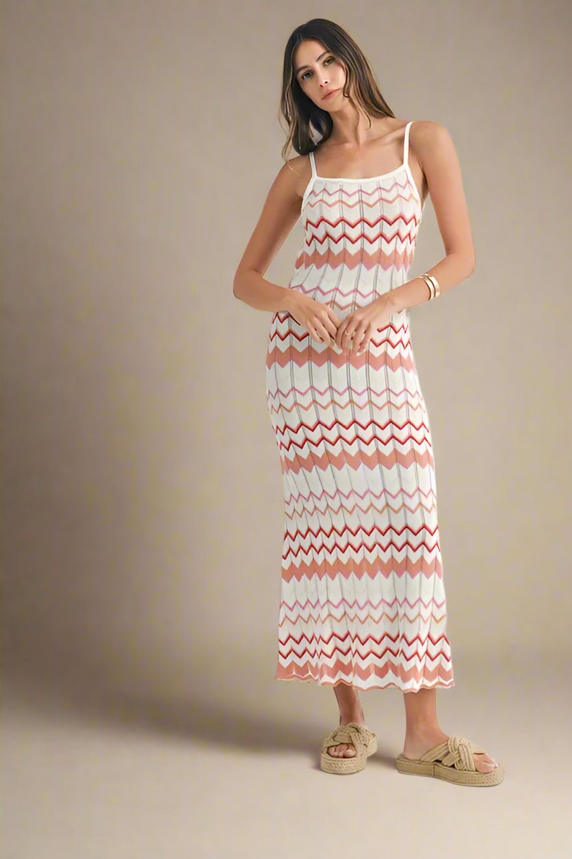 Mable - White & Rust Zigzag Knit Midi Dress