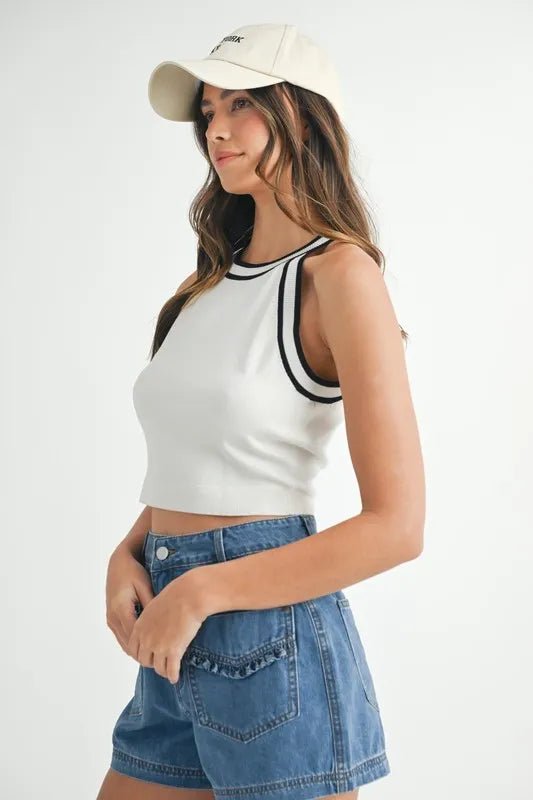 Mable - White Varsity Trim Knit Crop Tank