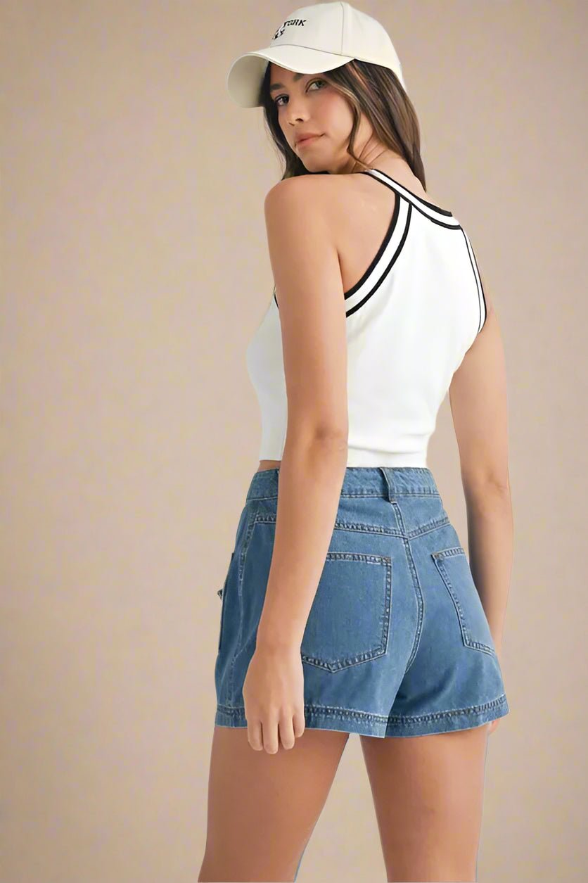Mable - White Varsity Trim Knit Crop Tank