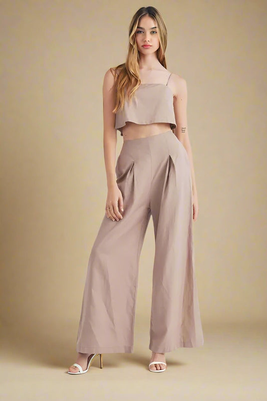 Mable - Wide Leg Pants & Crop Cami Set in Mocha Taupe