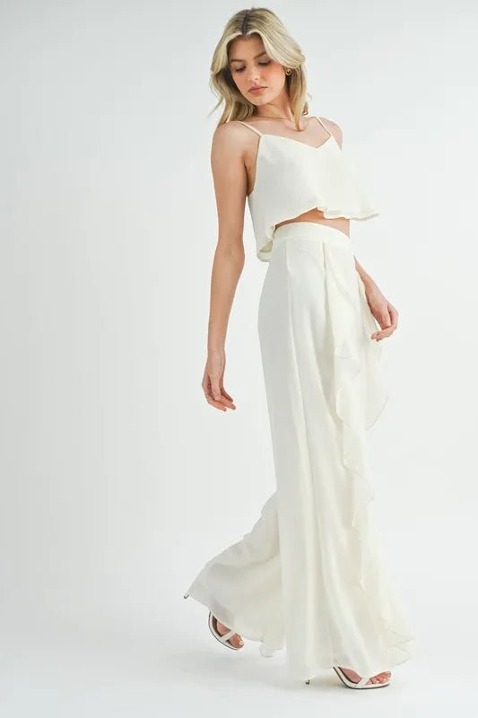 Mable - Wide Leg Ruffle Pants Set in Ivory