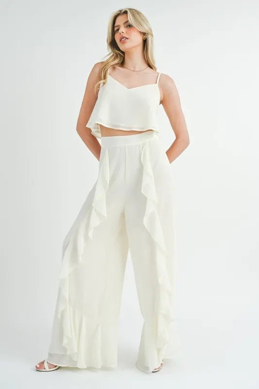 Mable - Wide Leg Ruffle Pants Set in Ivory