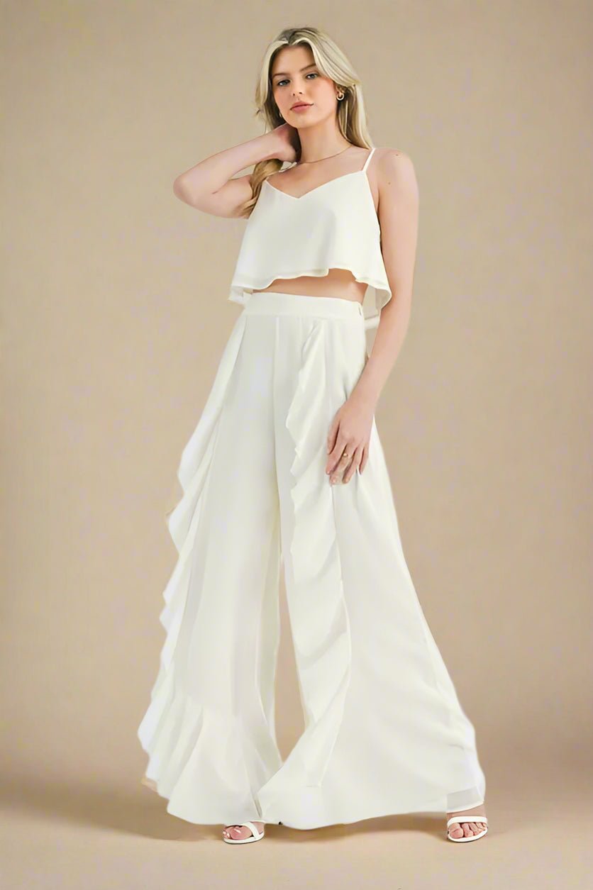 Mable - Wide Leg Ruffle Pants Set in Ivory