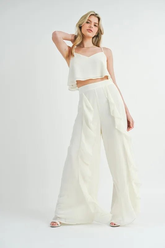 Mable - Wide Leg Ruffle Pants Set in Ivory