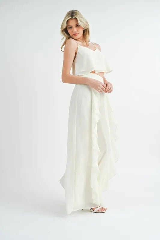Mable - Wide Leg Ruffle Pants Set in Ivory