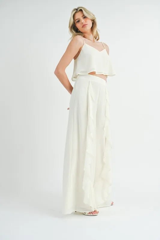 Mable - Wide Leg Ruffle Pants Set in Ivory