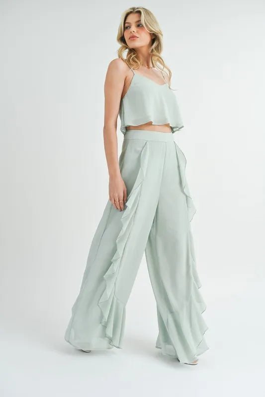Mable - Wide Leg Ruffle Pants Set in Soft Sage Green