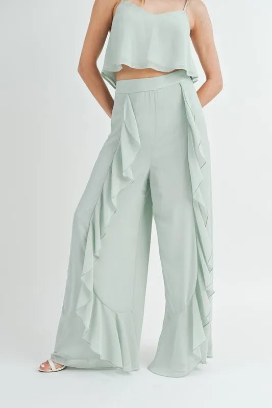 Mable - Wide Leg Ruffle Pants Set in Soft Sage Green