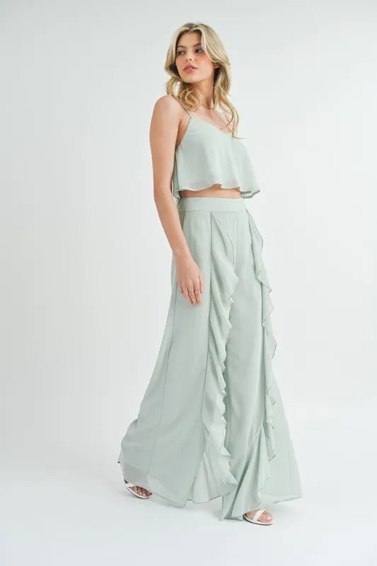 Mable - Wide Leg Ruffle Pants Set in Soft Sage Green