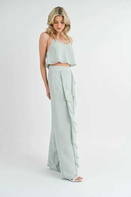 Mable - Wide Leg Ruffle Pants Set in Soft Sage Green