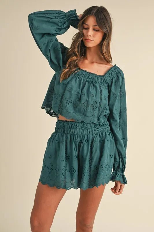 Mable - Willow Eyelet Long Sleeve Shorts Set in Deep Teal