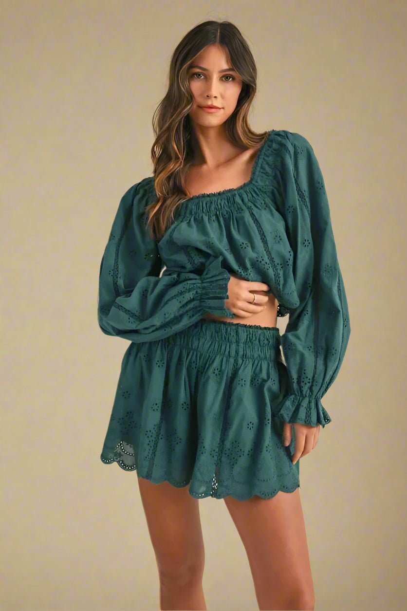 Mable - Willow Eyelet Long Sleeve Shorts Set in Deep Teal