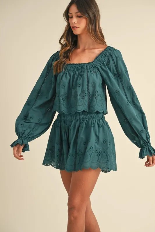 Mable - Willow Eyelet Long Sleeve Shorts Set in Deep Teal