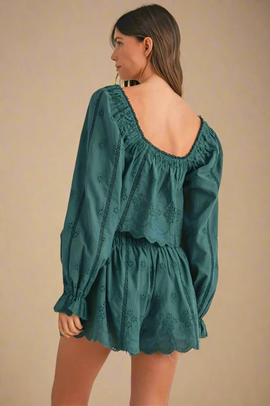 Mable - Willow Eyelet Long Sleeve Shorts Set in Deep Teal