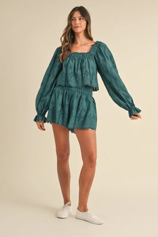 Mable - Willow Eyelet Long Sleeve Shorts Set in Deep Teal