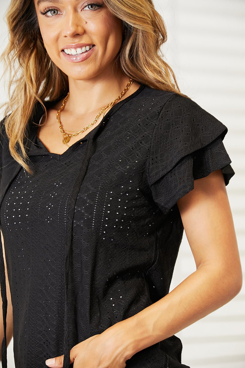 MANDY - Eyelet Tie - Neck Flutter Sleeve Blouse in Black