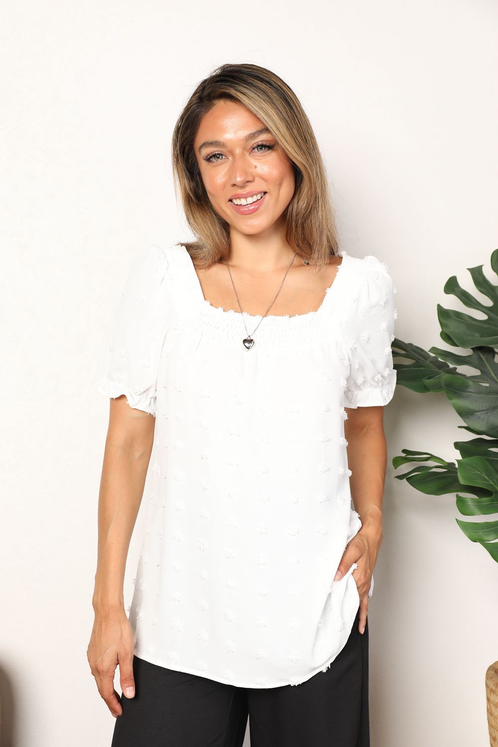 MANDY - Swiss Dot Puff Sleeve Square Neck Blouse in White