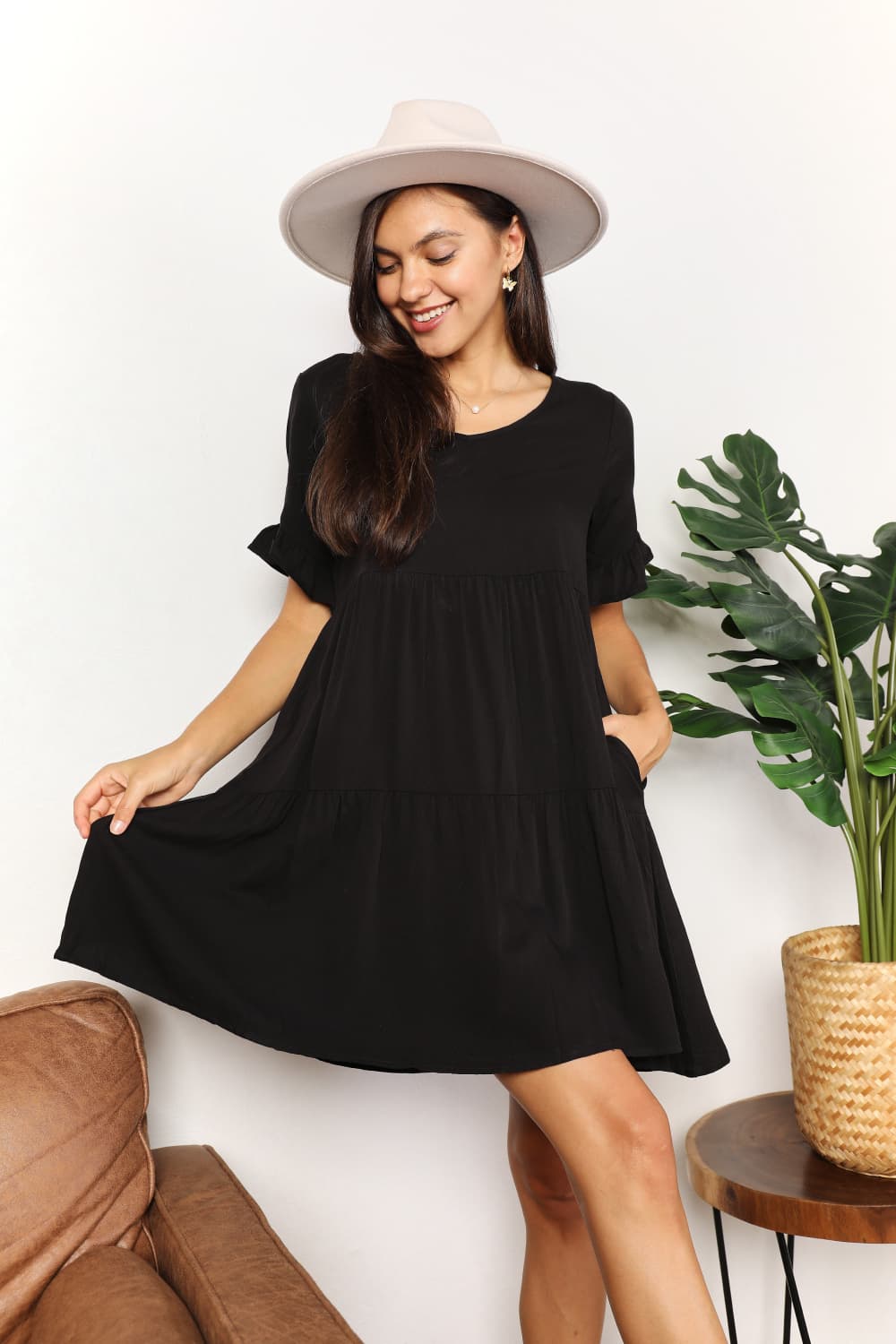 MANDY - V - Neck Flounce Sleeve Tiered Babydoll Mini Dress