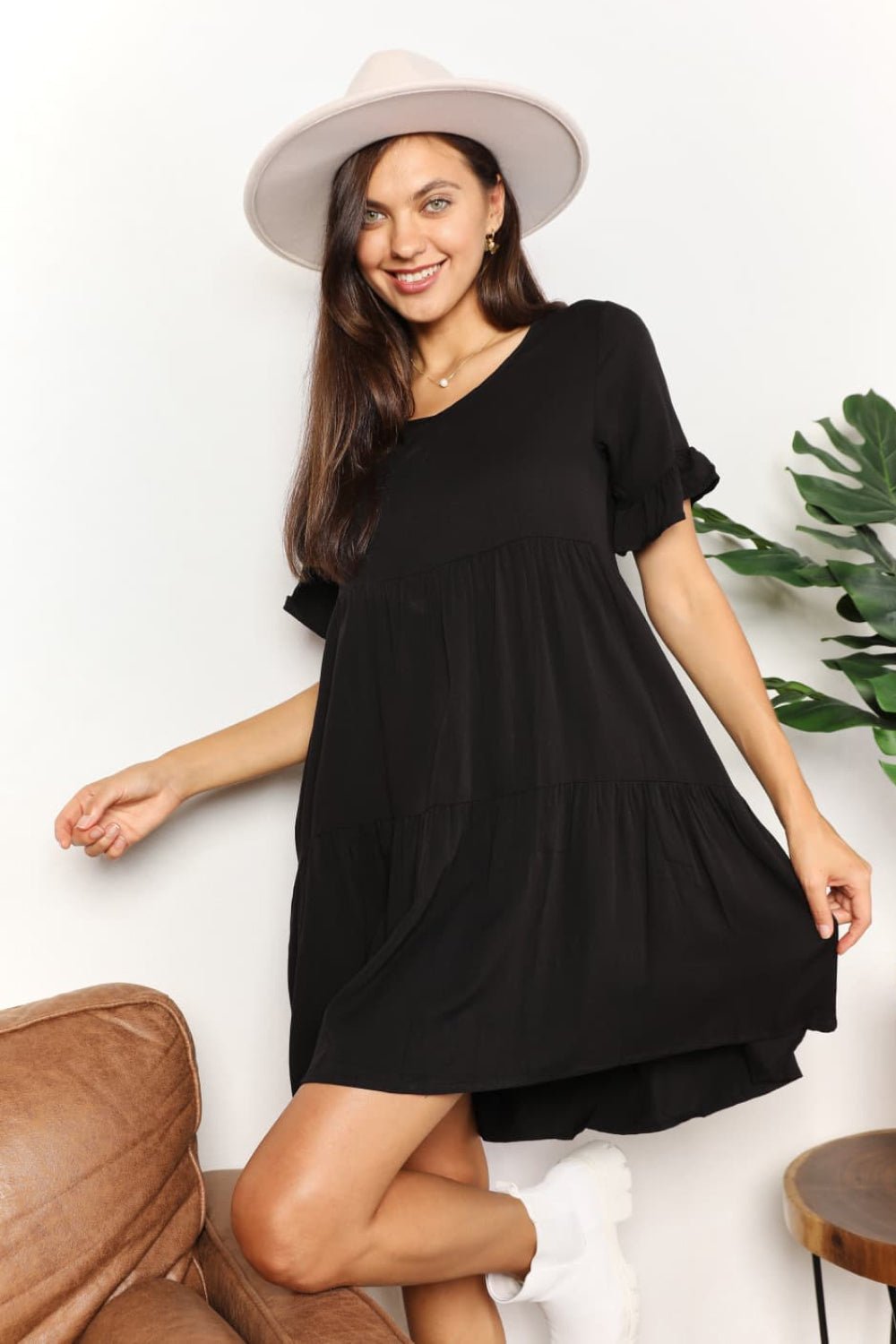 MANDY - V - Neck Flounce Sleeve Tiered Babydoll Mini Dress