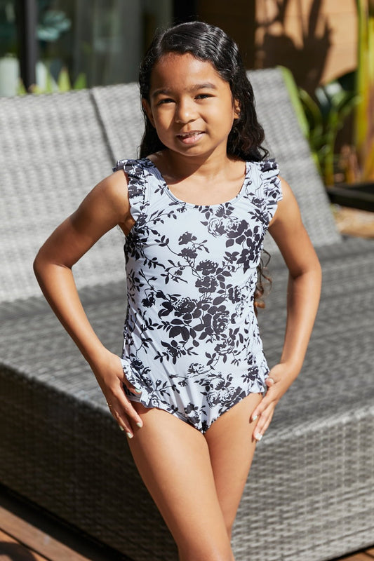 Marina West Swim - Black Roses On Sky Ruffle Trim Girl's One - Piece Swimsuit