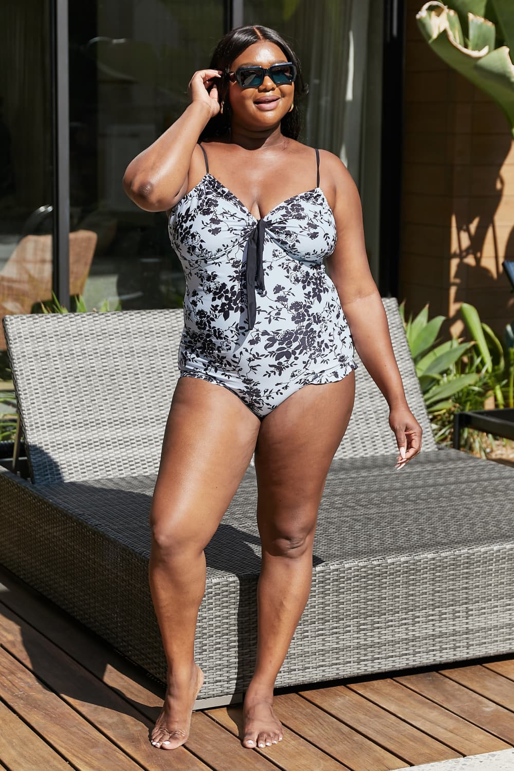 Marina West Swim - Black Roses On Sky Ruffle Trim One - Piece Swimsuit