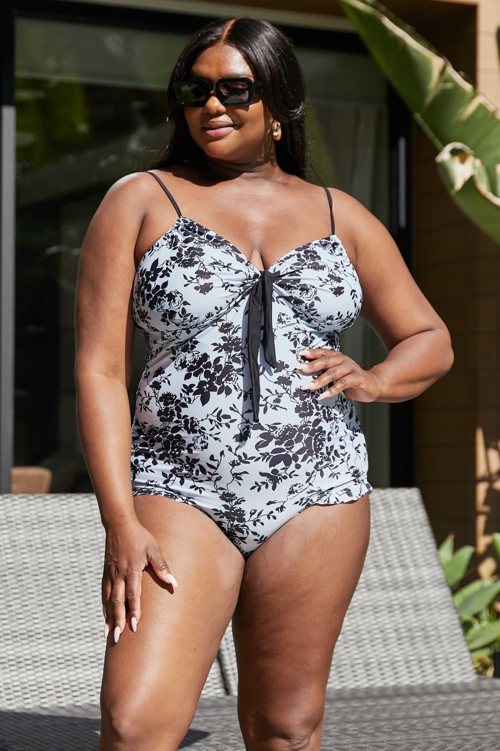 Marina West Swim - Black Roses On Sky Ruffle Trim One - Piece Swimsuit