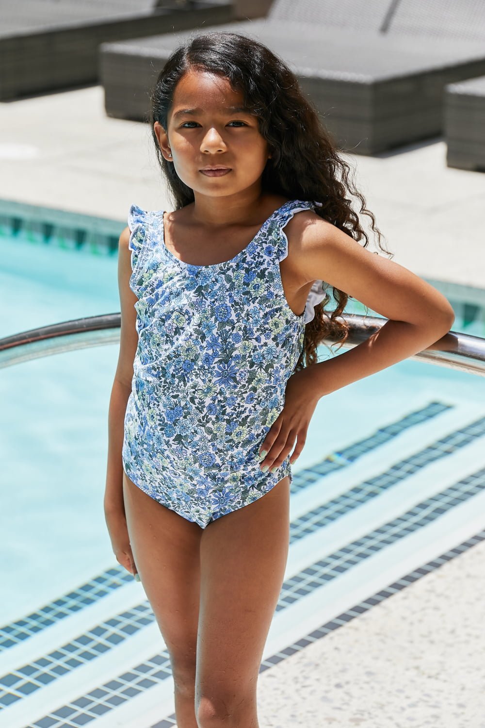 Marina West Swim - Blue Floral V - Neck Girl's One Piece Swimsuit