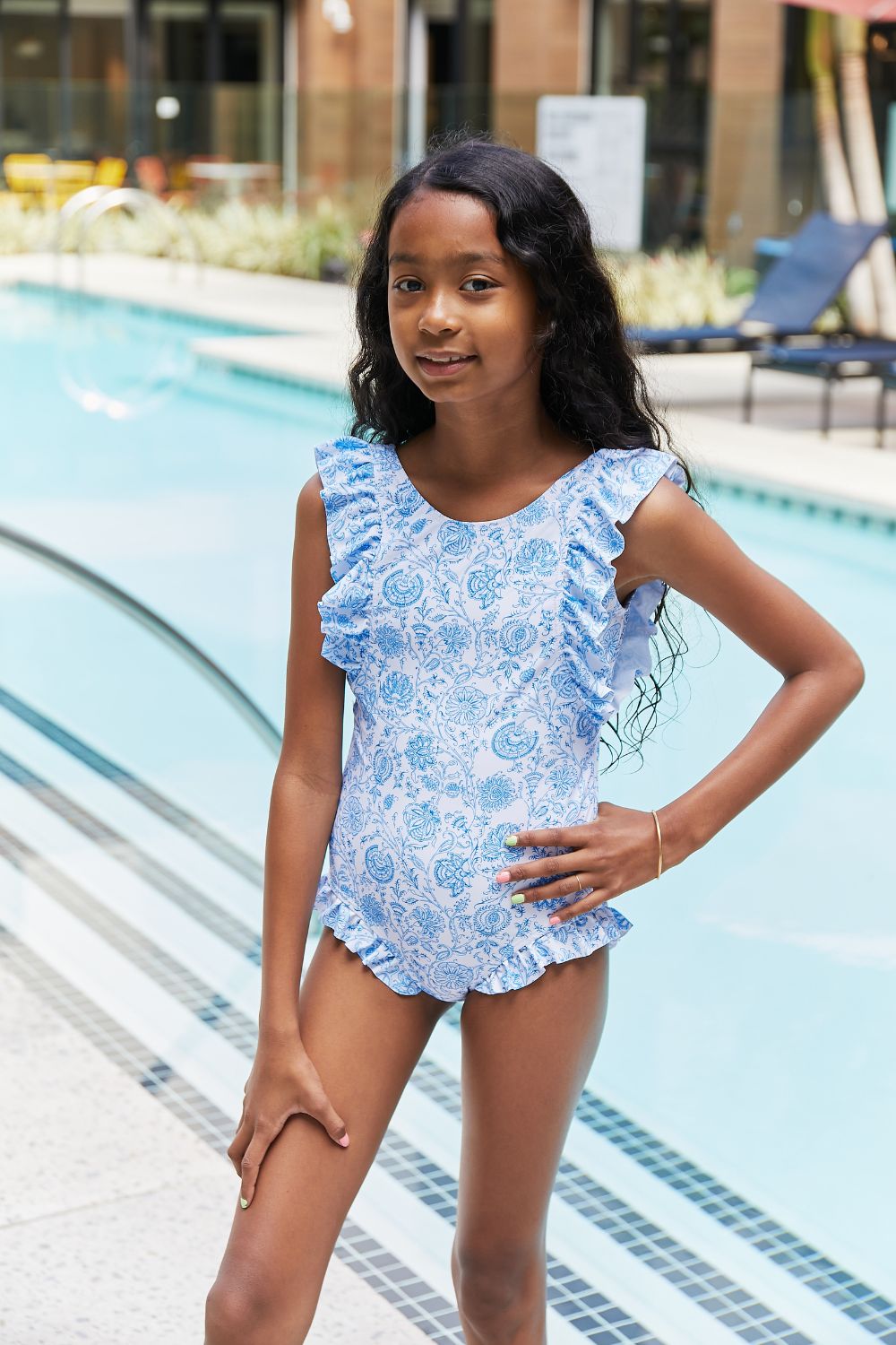 Marina West Swim - Blue Floral V - Neck Girl's One Piece Swimsuit