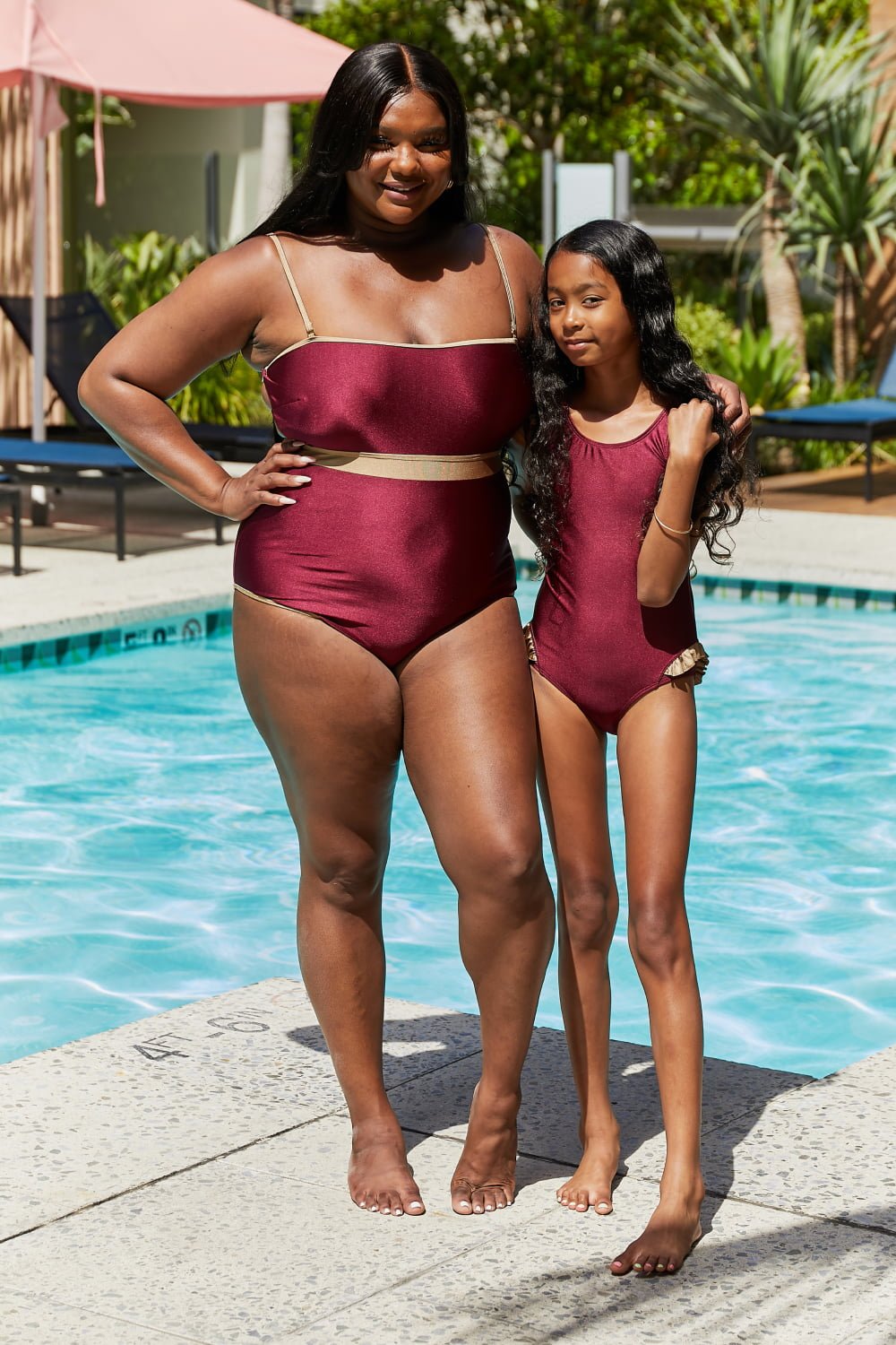 Marina West Swim - Contrast Trim Girl's One - Piece Swimsuit in Burgundy