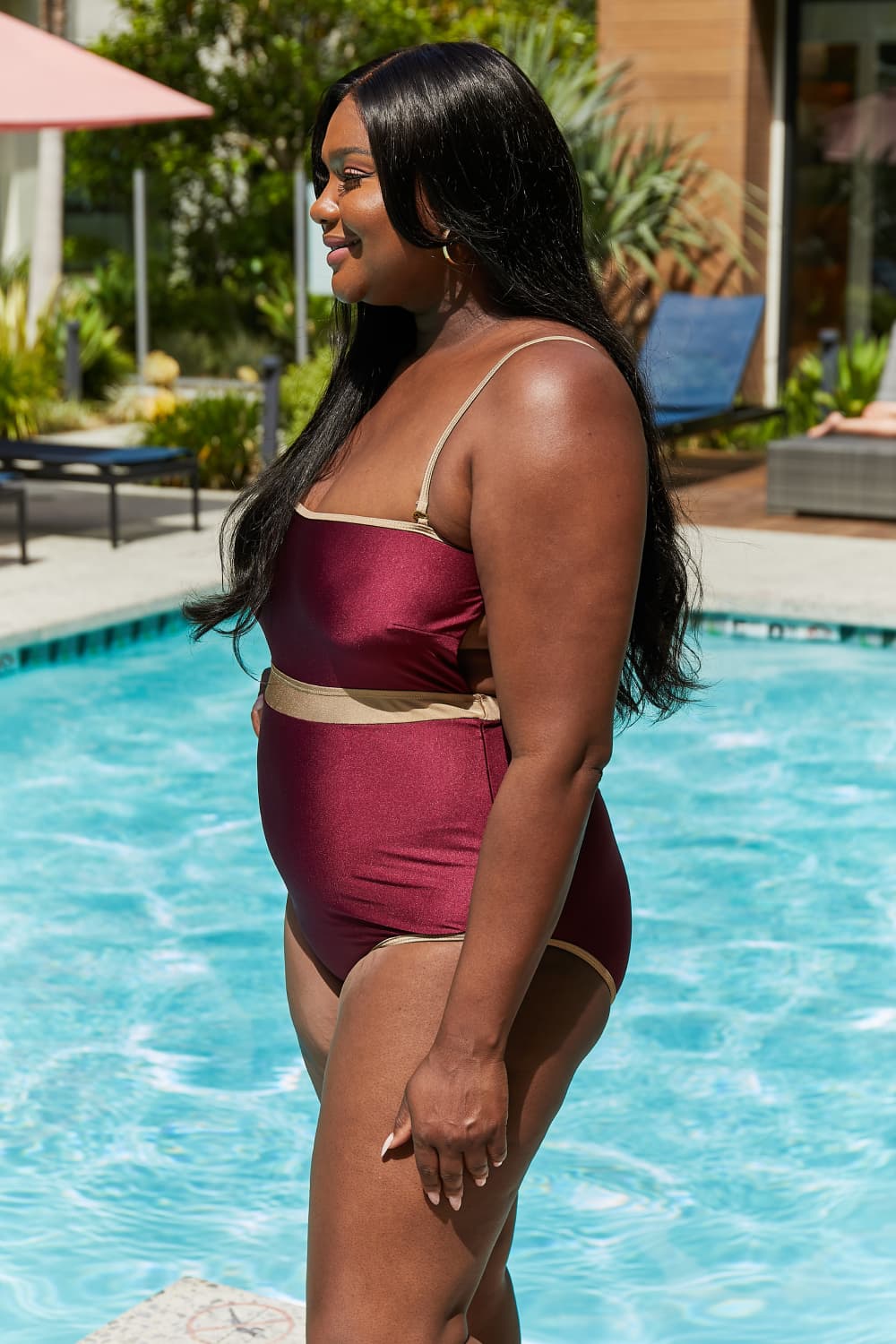 Marina West Swim - Contrast Trim One - Piece Swimsuit in Burgundy