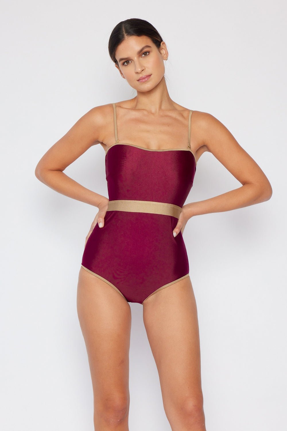 Marina West Swim - Contrast Trim One - Piece Swimsuit in Burgundy