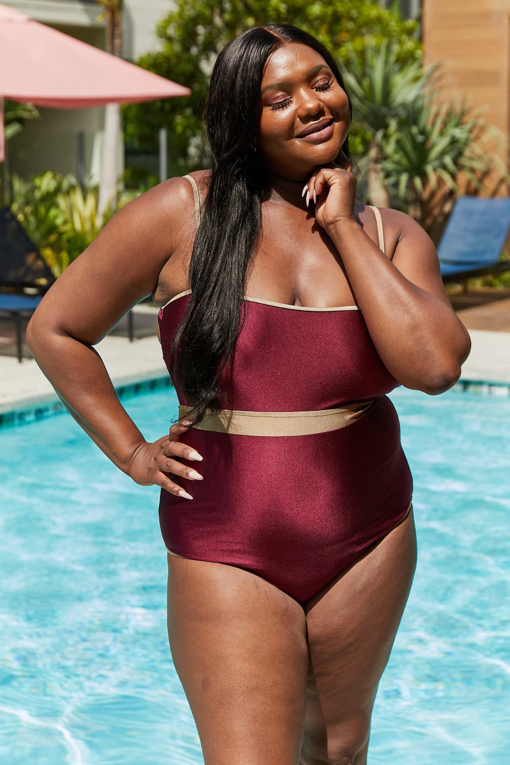 Marina West Swim - Contrast Trim One - Piece Swimsuit in Burgundy