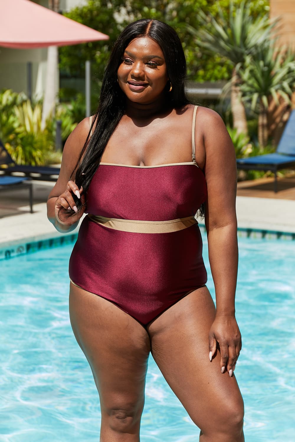 Marina West Swim - Contrast Trim One - Piece Swimsuit in Burgundy