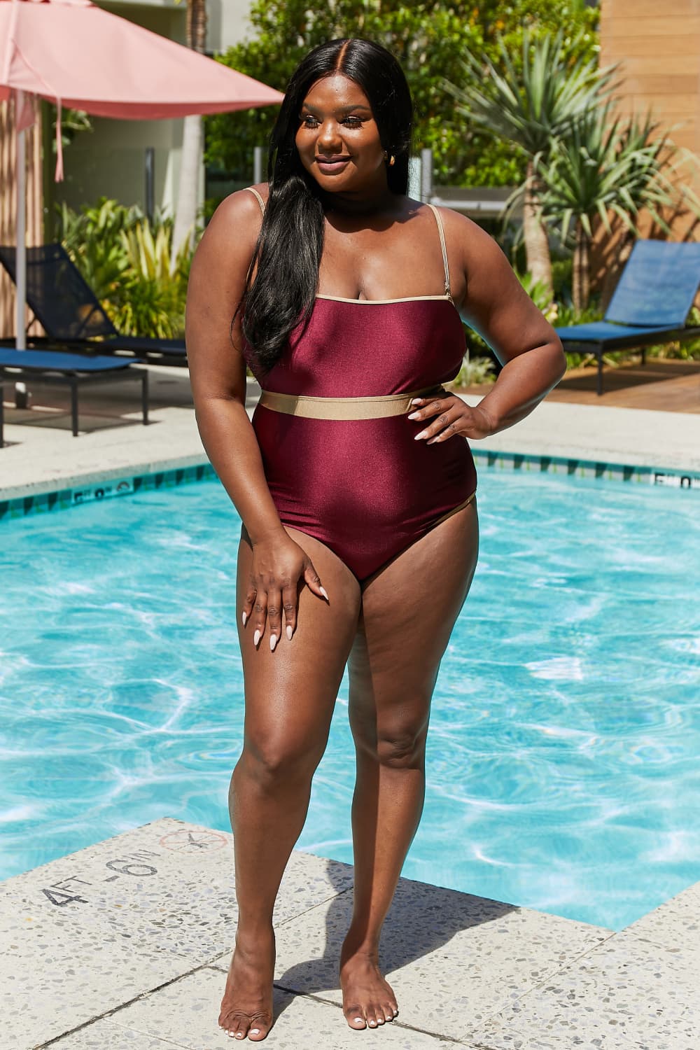 Marina West Swim - Contrast Trim One - Piece Swimsuit in Burgundy