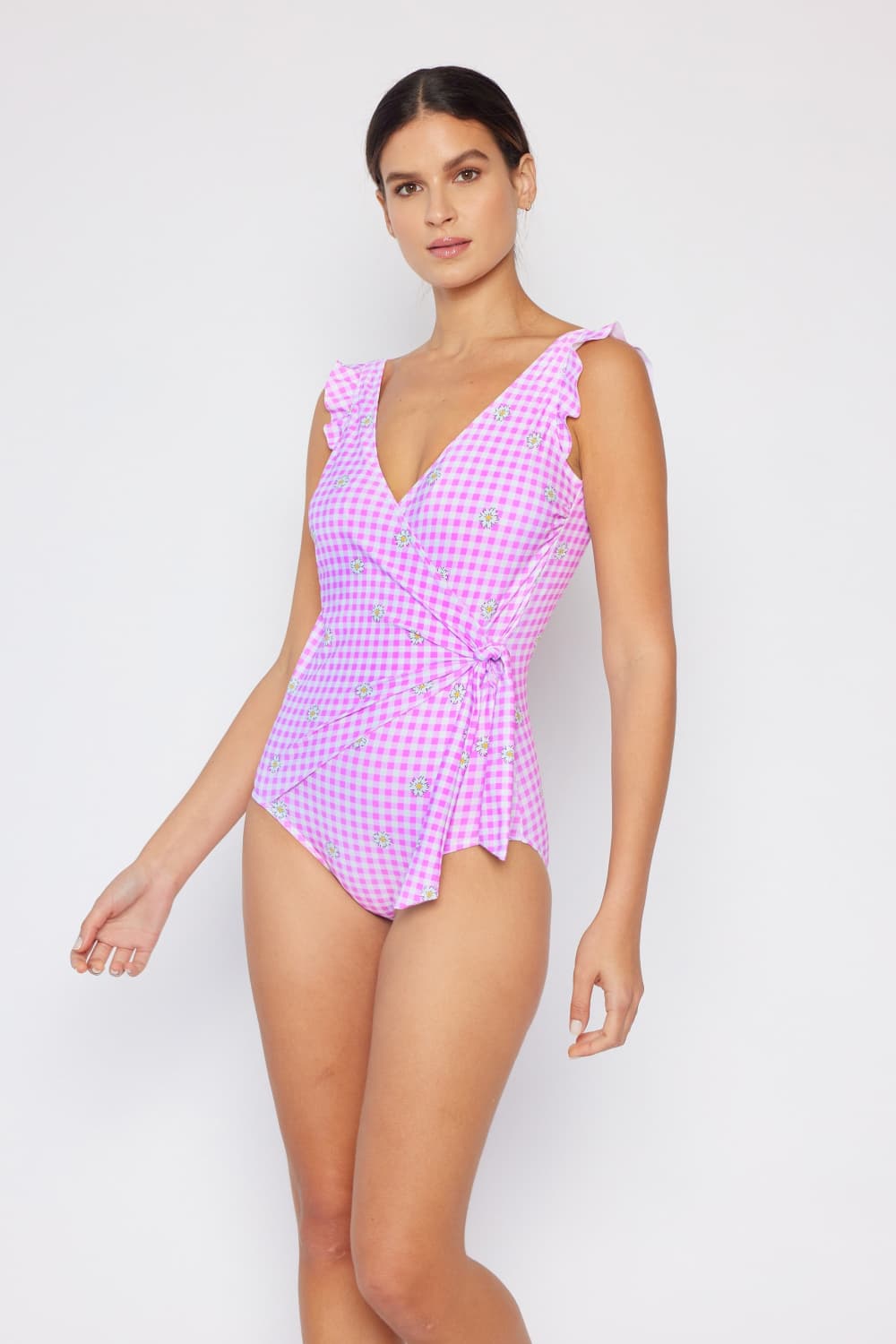 Marina West Swim - Floral Plaid Ruffle Trim Faux Wrap One - Piece Swimsuit in Pink