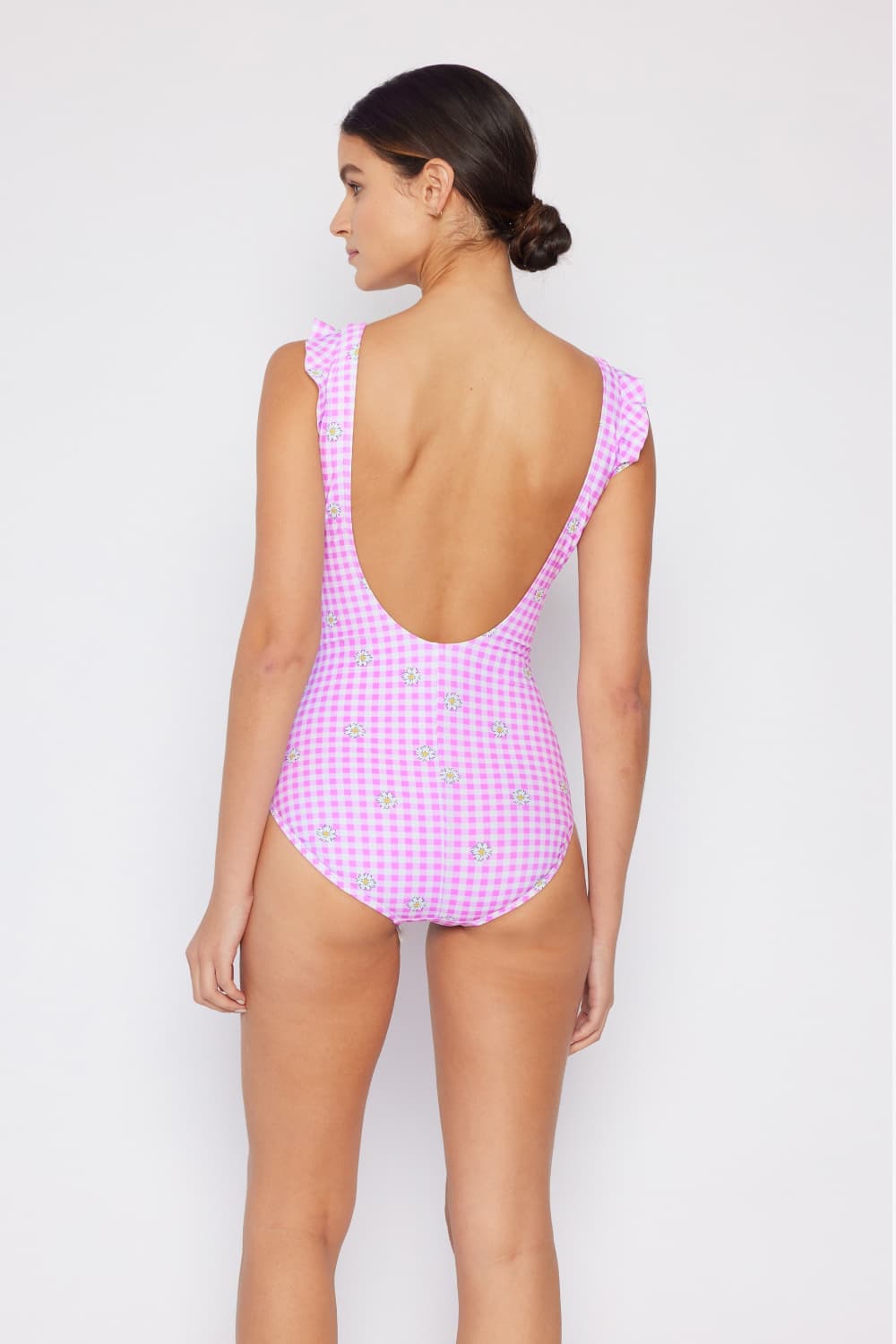 Marina West Swim - Floral Plaid Ruffle Trim Faux Wrap One - Piece Swimsuit in Pink