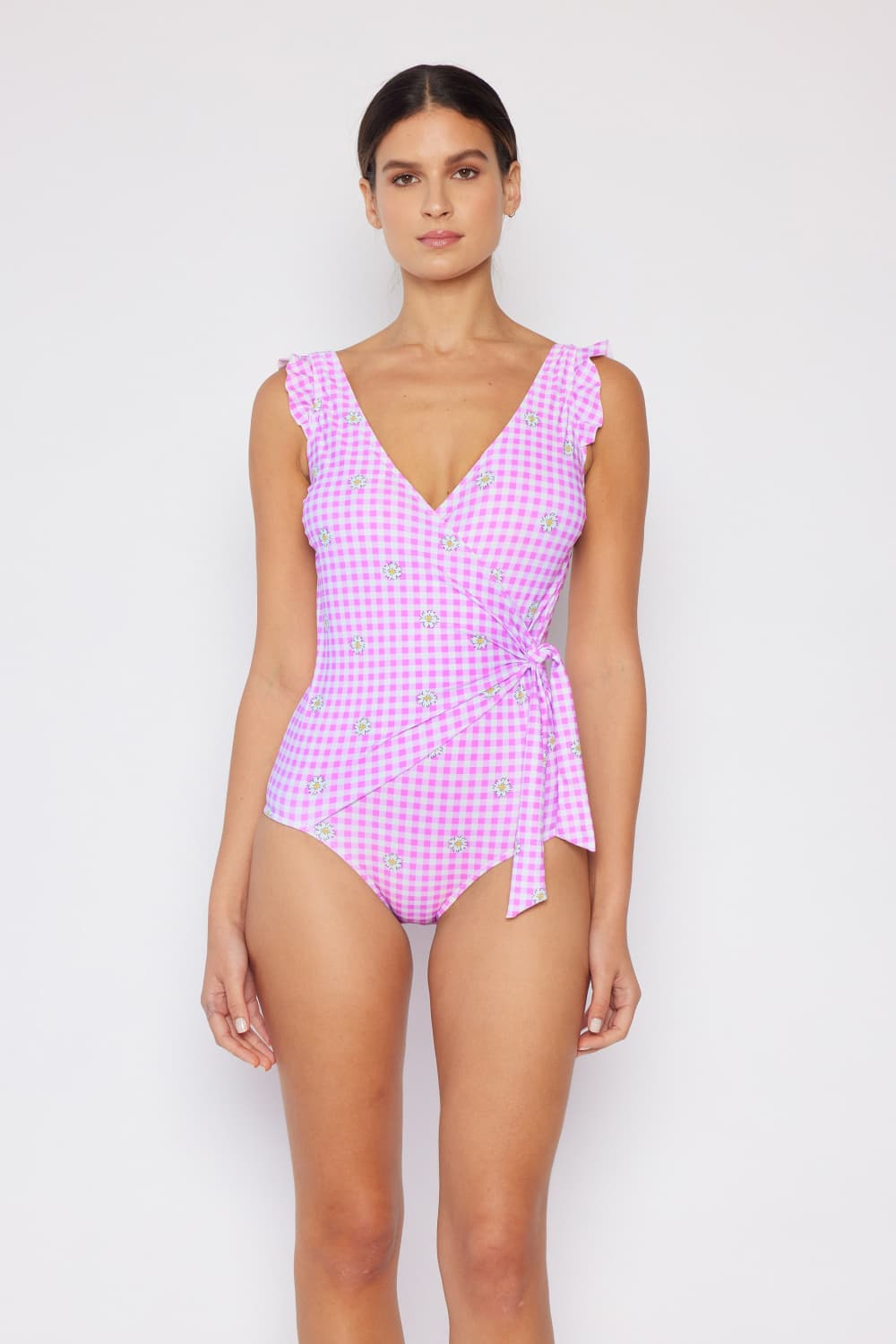 Marina West Swim - Floral Plaid Ruffle Trim Faux Wrap One - Piece Swimsuit in Pink