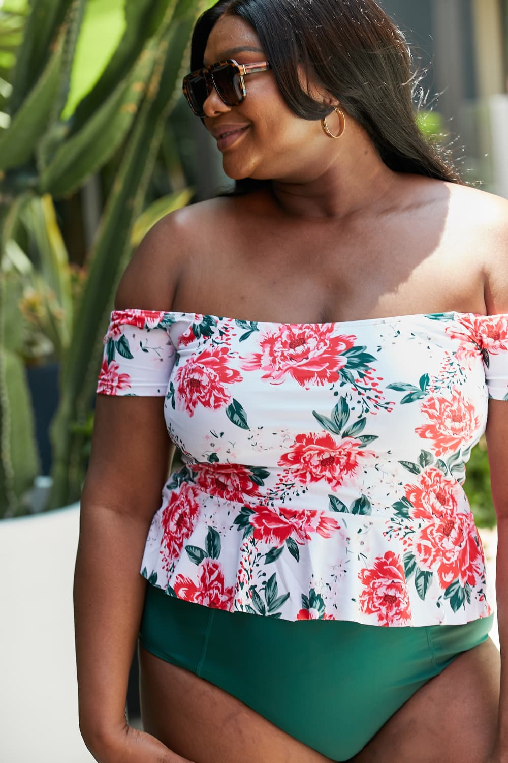 Marina West Swim - Floral Print Off - Shoulder Peplum Tankini in Peony White