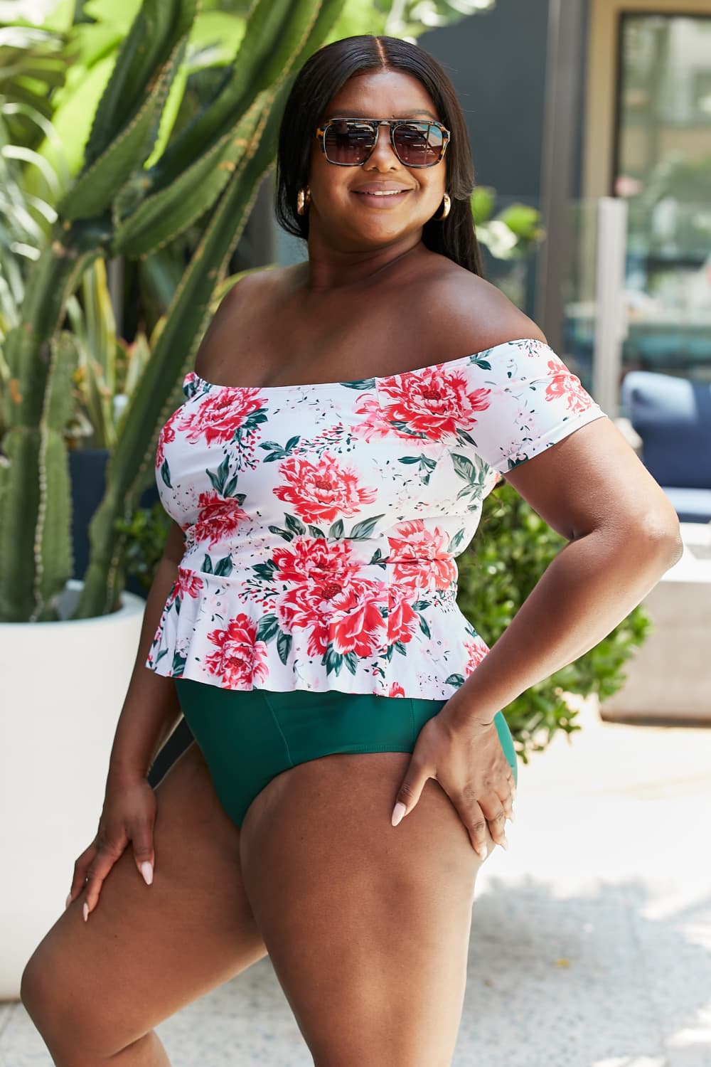 Marina West Swim - Floral Print Off - Shoulder Peplum Tankini in Peony White